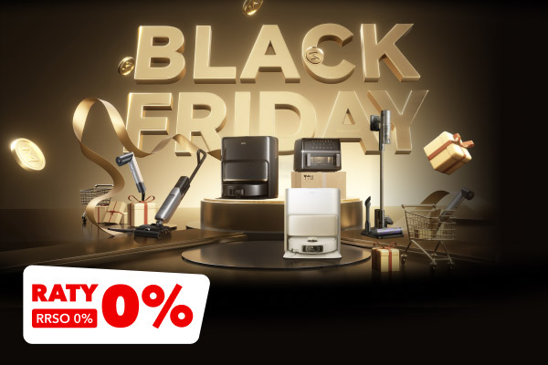 Napis Black Friday w złotym kolorze, otoczony różnymi produktami elektronicznymi i prezentami. W lewym dolnym rogu znajduje się napis: Raty 0% RRSO 0%.