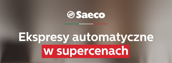 Logo Saeco poniżej którego znajduje się napis Ekspresy automatyczne w supercenach.