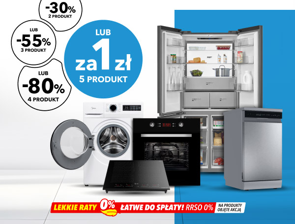 Na zdjęciu widoczne są sprzęty AGD, takie jak pralka, piekarnik, lodówka i zmywarka, a także płyta grzewcza. Na grafice znajdują się informacje o promocjach: -30% drugi produkt, lub -55% trzeci produkt, lub -80% czwarty produkt, lub za 1 zł piąty produkt. W dolnej częsci napis: Lekkie raty 0% łatwe do spłaty! RRSO 0% na produkty objęte akcją.