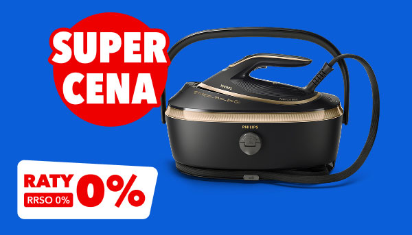 Na niebieskim tle znajduje się żelazko z generatorem pary, a obok niego widnieje czerwony napis SUPER CENA. W dolnej części obrazu umieszczono biały prostokąt z czerwonym napisem RATY RRSO 0%.