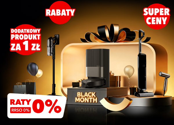 Reklama z hasłami: rabaty, super ceny, dodatkowy produkt za 1 zł oraz raty 0% RRSO 0%. W centralnej części znajduje się napis Black Month otoczony przez różne produkty elektroniczne i dekoracje w złotych i czarnych barwach.