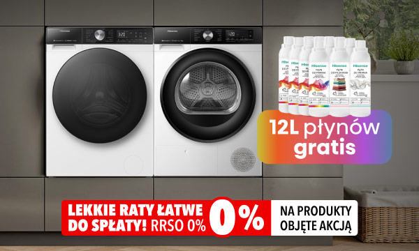 Dwa urządzenia AGD oraz zestaw sześciu butelek z płynami, obok których znajduje się napis: 12 litrów płynów gratis. Na dole znajduje się pasek z tekstem: Lekkie raty 0% łatwe do spłaty! RRSO 0% na produkty objęte akcją.