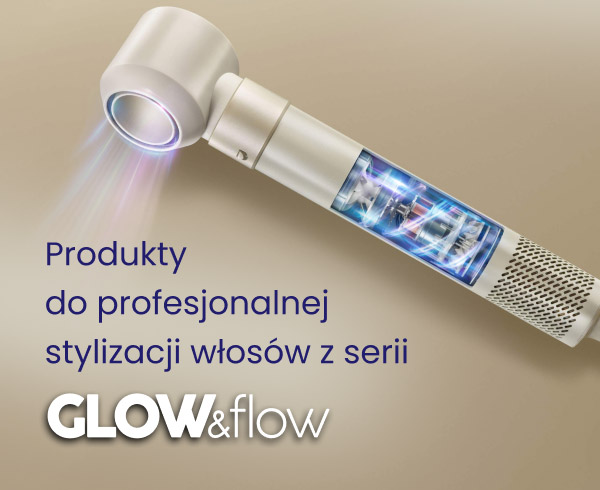 Na obrazie znajduje się urządzenie do stylizacji włosów z widocznymi elementami technologicznymi wewnątrz przezroczystej obudowy. Obok urządzenia widnieje tekst: Produkty do profesjonalnej stylizacji włosów z serii Glow&flow.