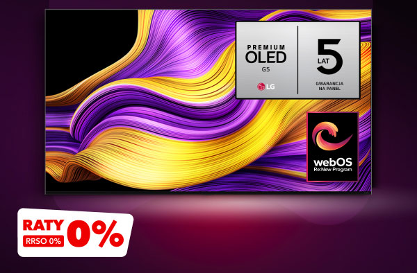 Na zdjęciu widoczny jest ekran z kolorowymi, falistymi wzorami w odcieniach fioletu i żółci. Na ekranie znajduje się tekst: PREMIUM OLED G5, 5 LAT GWARANCJA NA PANEL oraz logo z napisem webOS. W lewym dolnym rogu widnieje napis RATY 0%, RRSO 0%.