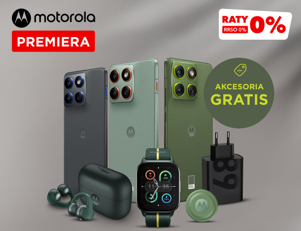 Trzy smartfony, zegarek, słuchawki, ładowarka i okrągły gadżet. W tle znajduje się logo Motorola oraz napis Premiera. W prawym górnym rogu widnieje napis: Raty 0% RRSO 0%, a obok okrągły znak z napisem: Akcesoria gratis.