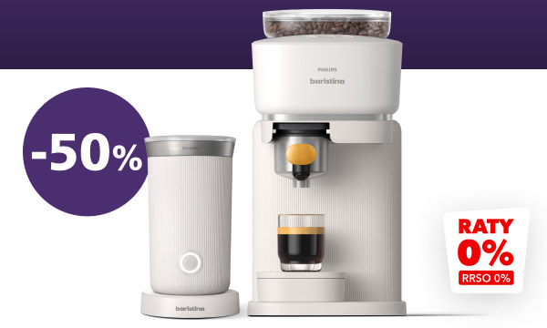 Ekspres do kawy oraz pojemnik na mleko w jasnym kolorze. Obok ekspresu widnieje fioletowe koło z napisem: -50%, a w prawym dolnym rogu znajduje się napis: Raty 0% RRSO 0%.