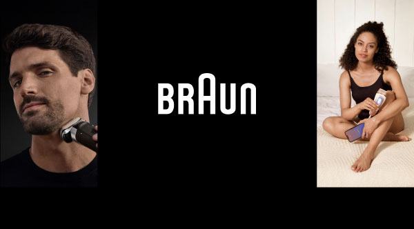 Na obrazie widoczne jest logo BRAUN umieszczone centralnie na czarnym tle. Po obu stronach znajdują się osoby używające produktów do pielęgnacji osobistej.