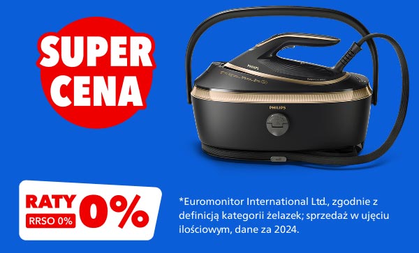 Na niebieskim tle znajduje się żelazko z generatorem pary, obok którego widnieje czerwony okrąg z białym napisem SUPER CENA. W dolnej części obrazu znajduje się biały prostokąt z czerwonym napisem RATY 0%, RRSO 0% oraz informacja o źródle danych sprzedażowych: *Euromonitor International Ltd., zgodnie z definicją kategorii żelazek; sprzedaż w ujęciu ilościowym, dane za 2024.