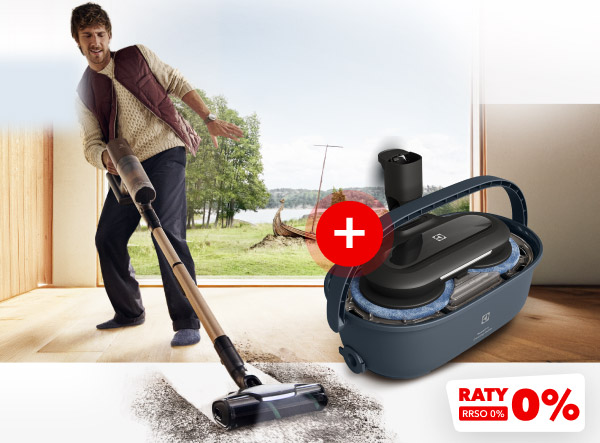 Na zdjęciu widać odkurzacz pionowy, który zbiera brud z podłogi, a obok niego znajduje się urządzenie czyszczące z widocznym logo producenta. W prawym dolnym rogu znajduje się czerwony napis RATY RRSO 0%.
