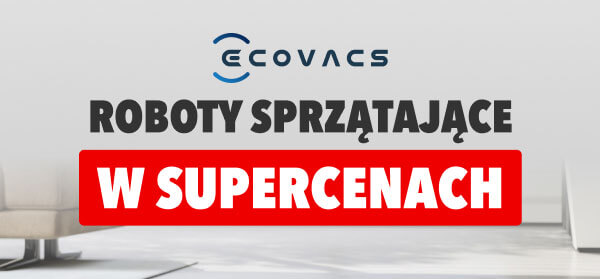 Grafika przedstawia napis ECOVACS na górze, poniżej znajduje się tekst ROBOTY SPRZĄTAJĄCE w kolorze czarnym. Na czerwonym tle widnieje napis W SUPERCENACH.