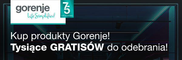 Logo Gorenje oraz napis: Kup produkty Gorenje! Tysiące gratisów do odebrania!