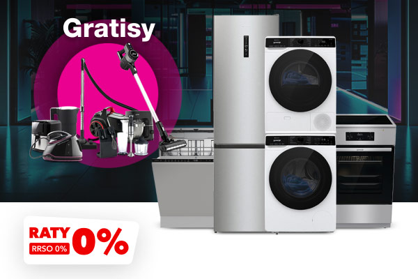 Różne sprzęty AGD, w tym lodówka, pralka, suszarka, zmywarka i piekarnik, a obok nich zestaw urządzeń z napisem Gratisy na różowym tle. W lewym dolnym rogu znajduje się napis: Raty 0%, RRSO 0%.