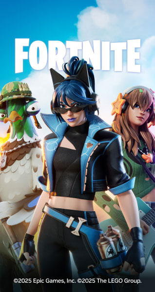 Na obrazie widnieje napis FORTNITE na tle nieba z chmurami. Na dole znajduje się tekst: C2025 Epic Games, Inc. C2025 The LEGO Group.
