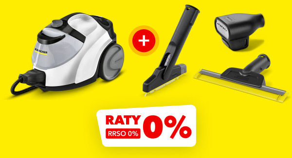 Zestaw urządzeń czyszczących, w tym odkurzacz parowy z widocznym logo Kärcher oraz trzy różne końcówki. Na dole obrazu widnieje biały prostokąt z czerwonym napisem: Raty 0% RRSO 0%.