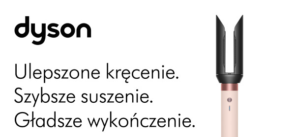 Logo Dyson oraz hasła reklamowe: Ulepszone kręcenie. Szybsze suszenie. Gładsze wykończenie. Obok tekstu znajduje się urządzenie w kolorze różowym z czarną nasadką.