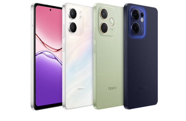 Trzy smartfony w różnych kolorach: biały, zielony i granatowy, ustawione obok siebie. Na każdym z nich znajduje się logo Oppo umieszczone w dolnej części obudowy.