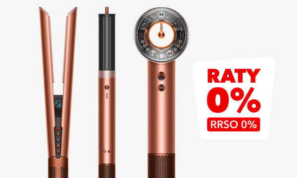 Trzy urządzenia do stylizacji włosów w kolorze miedzianym, każde z innym zakończeniem. Obok nich znajduje się biały prostokąt z napisem: Raty 0%, RRSO 0%.