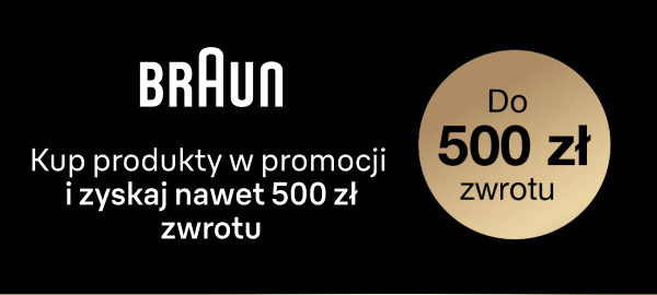 Baner promocyjny z logo Braun oraz tekstem: Kup produkty w promocji i zyskaj nawet 500 zł zwrotu. Po prawej stronie znajduje się złote koło z napisem: Do 500 zł zwrotu.