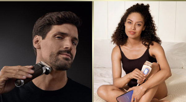 Osoba goląca się za pomocą golarki elektrycznej oraz druga siedząca na łóżku trzymając golarkę.