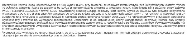 Rzeczywista Roczna Stopa Oprocentowania (RRSO) wynosi 11,46%, przy założeniu, że całkowita kwota kredytu (bez kredytowanych kosztów) wynosi 72 000,00 zł, całkowita kwota do zapłaty to 98 407,35 zł, oprocentowanie zmienne w wysokości 10,90%, które składa się z aktualnej stopy bazowej WIBOR 6M (z dnia 30.06.2025 r. równej 5,05%), powiększonej o marżę 5,85 p.p., całkowity koszt kredytu wynosi 26 407,35 (w tym: prowizja kredytowana w wysokości 0,00 %, tj. 0 zł, oraz odsetki w wysokości 26 407,35 zł),  kredyt spłacany w 72 ratach miesięcznych w tym 71 rat równych w wysokości 1 366,77 zł, ostatnia rata korygująca w wysokości 1366,68 zł. Kalkulacja została dokonana na dzień 30.06.2025 r. na reprezentatywnym przykładzie. Ostateczna wysokość raty i ewentualne, wymagane zabezpieczenia uzależnione są od indywidualnej oceny wiarygodności kredytowej Klienta, daty wypłaty pożyczki oraz daty płatności pierwszej raty. Powyższa informacja nie stanowi oferty w rozumieniu art. 66 Kodeksu Cywilnego. Powyższe wyliczenie ma charakter szacunkowy i nie uwzględnia ewentualnych kosztów dodatkowych związanych z wcześniejszą spłatą pożyczek i kredytów udzielonych przez inne instytucje finansowe. 1 Promocja trwa w okresie od dnia 01 lipca 2025 r. do dnia 31 października 2025 r. Regulamin Promocji pożyczki gotówkowej „Pożyczka Elastyczna” dostępny jest na stronie www.bosbank.pl oraz w placówkach Banku.
