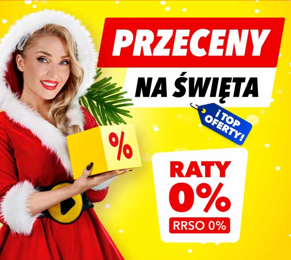 Na żółtym tle znajduje się napis: Przeceny na Święta oraz niebieska etykieta z napisem: i top oferty! Obok widnieje napis: Raty 0%, RRSO 0%.