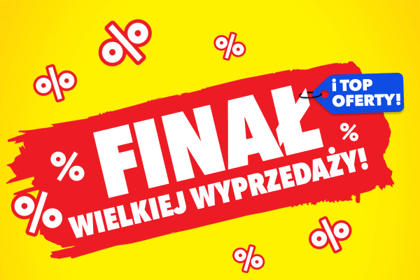 Napis: Finał wyprzedaży i top oferty! Wokół napisu znajdują się symbole procentu.
