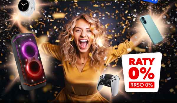 Kolorowe konfetti na ciemnym tle oraz różne produkty elektroniczne, takie jak głośnik, kontroler do gier, smartfon i zegar. Na pierwszym planie znajduje się napis:Raty 0% RRSO 0% na białym tle.