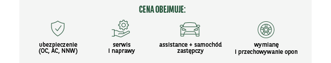 Cena obejmuje: ubezpieczenie OC, AC, NNW, serwis i naprawy, assistance + samochód zastępczy, wymianę i przechowywanie opon