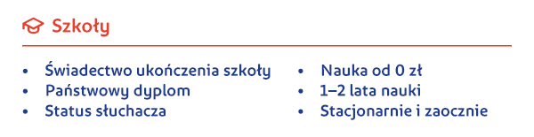 Szkoły: - Świadectwo ukończenia szkoły; - Państwowy dyplom; - Status słuchacza; - Nauka od 0 zł; - 1–2 lata nauki; - Stacjonarnie i zaocznie