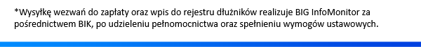 Wysyłkę wezwań do zapłaty oraz wpis do rejestru dłużników realizuje BIG InfoMonitor za pośrednictwem BIK, po udzieleniu pełnomocnictwa oraz spełnieniu wymogów ustawowych